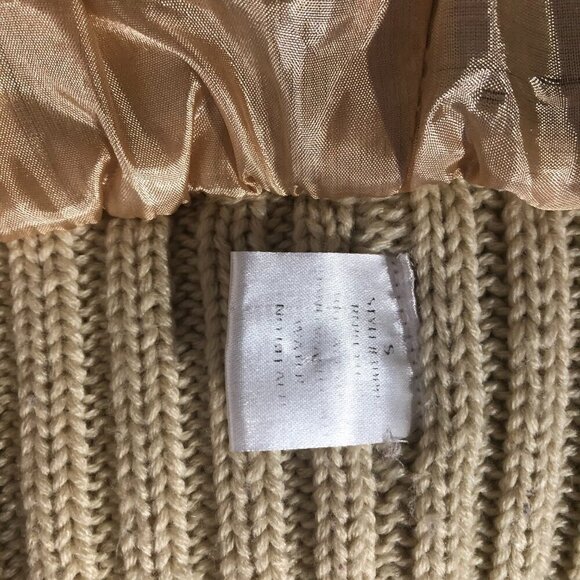 Vintage 90s Y2K Faux Fur vest warm wool brown beige cable knit with hood Sz S - Picture 8 of 12